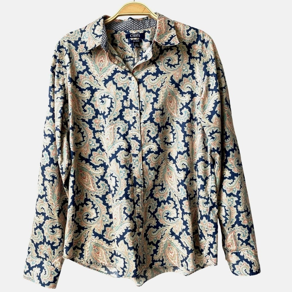 Chaps Womens Paisley Print Long Sleeve Button Up Shirt L No Iron Navy Flip Cuffs - Picture 2 of 9